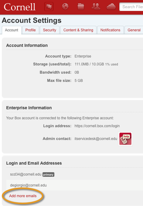 Image showing location of Add more emails setting