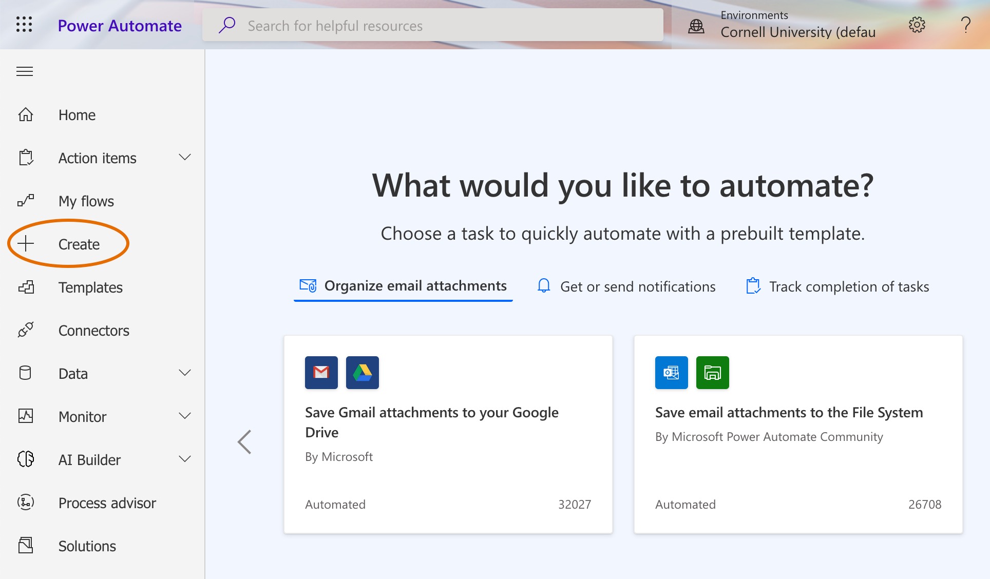 Create will be the fourth item in the left menu of the start page.