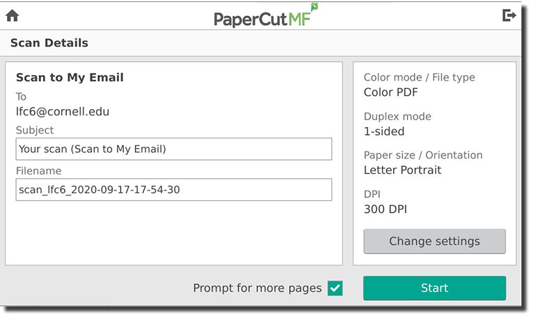 Screen showing scan details: email address, color mode, dpi, etc.