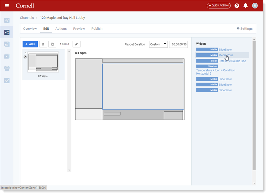 Appspace Channel Edit tab showing link to edit the Media Zone
