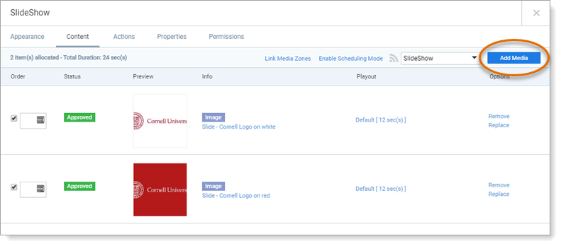 Appspace Media Zone content list