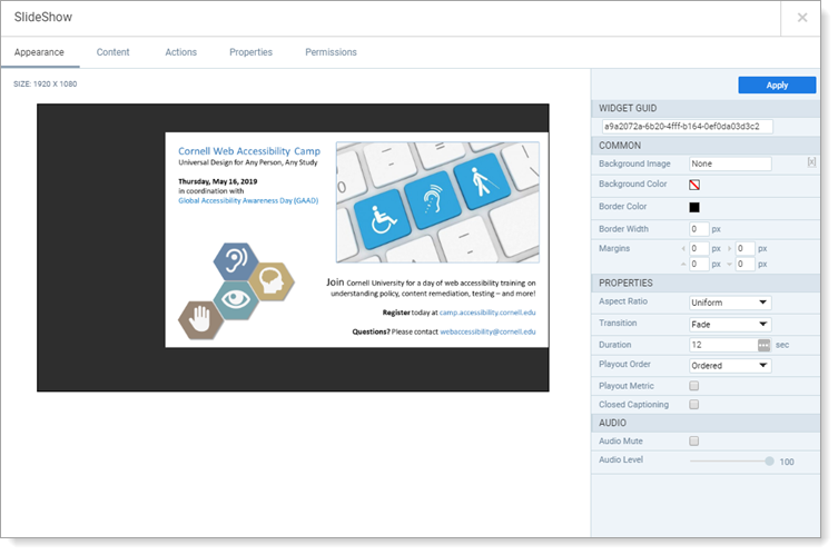 Appspace default advanced channel - preview the slideshow Appearance