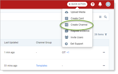 Appspace quick action menu showing Create Channel selection