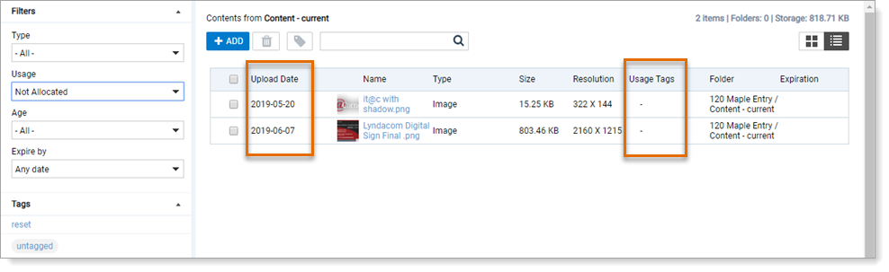 Appspace library in list view showing unallocated media