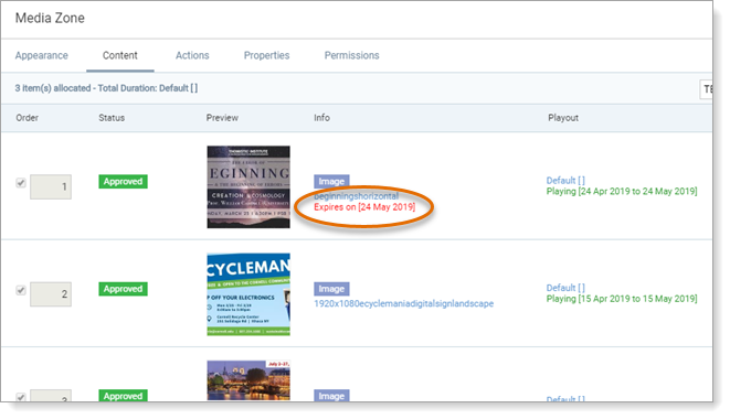 Appspace playlist showing content with expiration dates