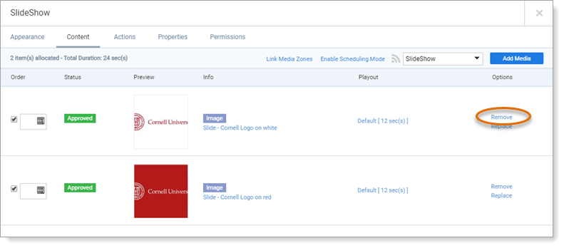 Appspace content window showing Remove item link