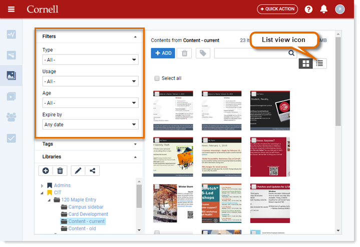 Appspace library showing filters and list view icon