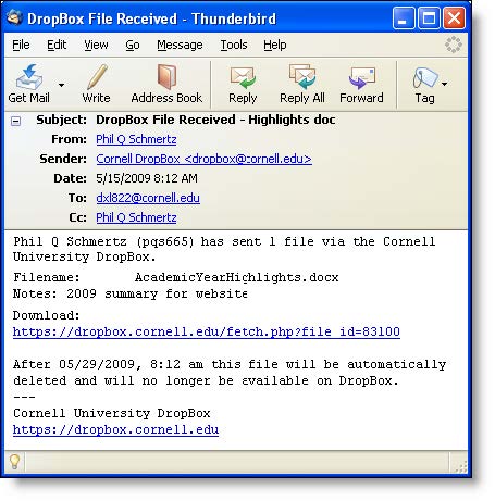 Typical Dropbox File Received email showing file information and link