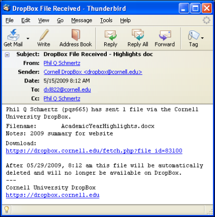 File Received Email showing link to download files