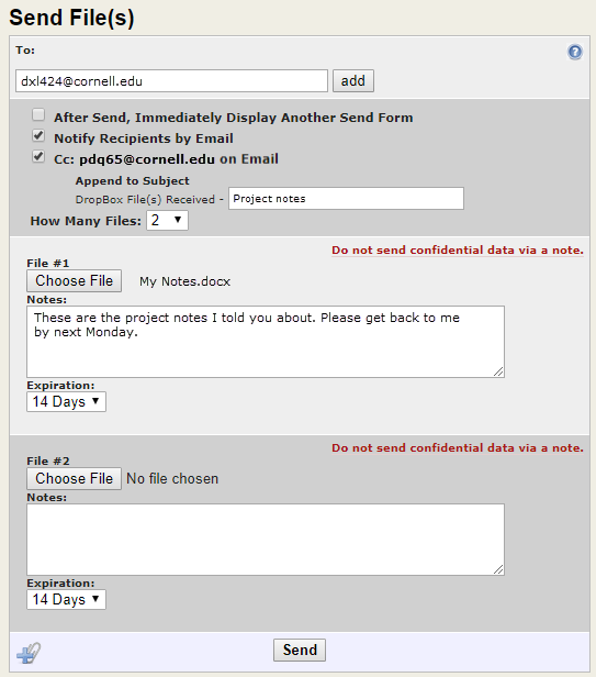 Send files screen showing To field, checkbox options, and files to send