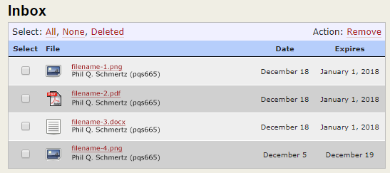 Inbox screen showing options to Select All, None, or Deleted, and file listings