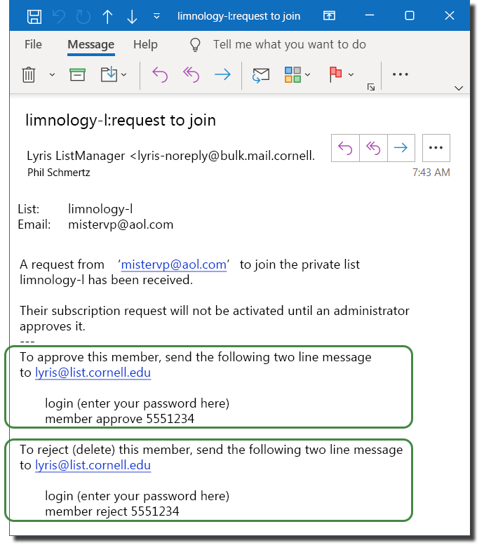 Email message reporting request to join. The syntax for responses either approving or rejecting the request are shown. These are described in the text of this article.
