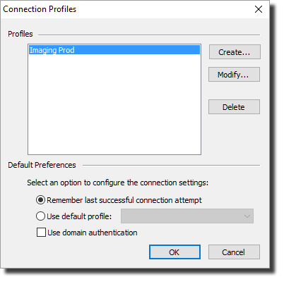 Connections profiles screen showing list of profiles