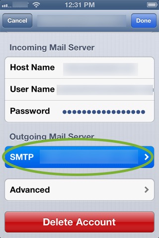 Outgoing server settings in iOS mail app