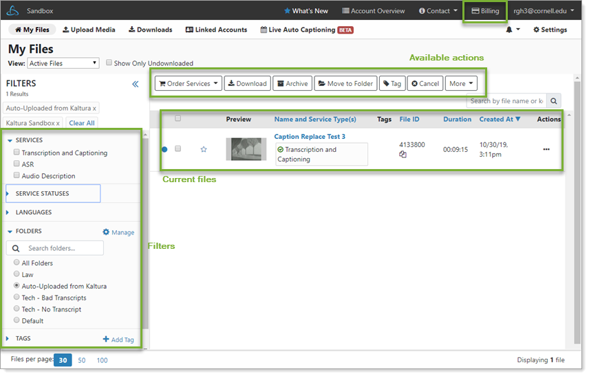 My Files screen with media for captioning, available actions at top, and sidebar of search filters.