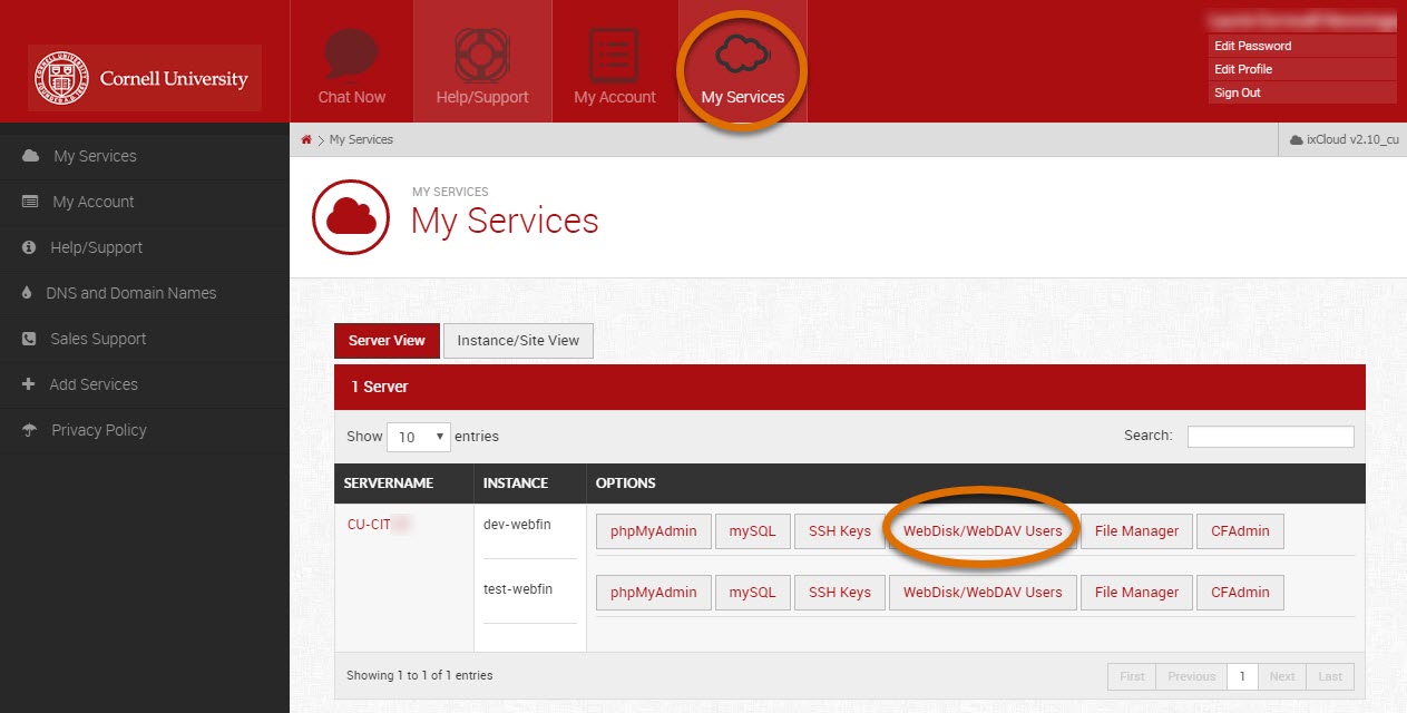 Media3 Dashboard with My Services menu and WebDisk/WebDAV users selected.