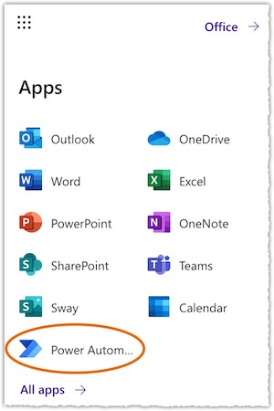 The icon for Power Automate is a blue tri-color arrow. Find the All Apps option at the bottom left of the app listings.