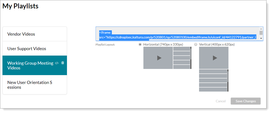 Video on Demand playlist embed code options