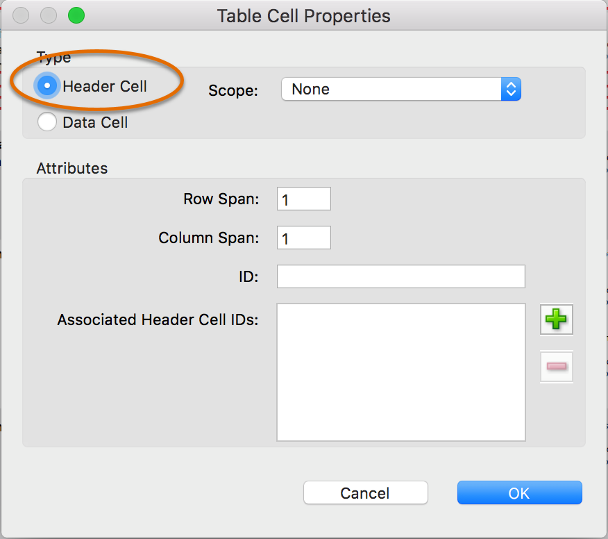 Table cell properties with Header Row selected
