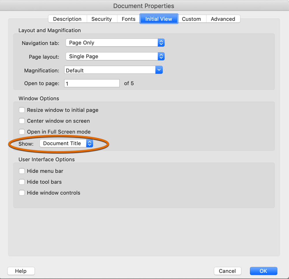 Document Title selected under Show in Acrobat Initial View