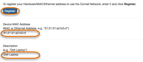 Picture of Wi-Fi Device registration page with MAC address and Description entered and Register button highlighted