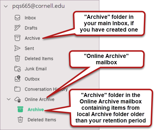 Outlook email folders panel showing both the Archive folder and the email Online Archive mailbox.
