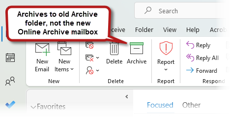 Screen capture of Outlook client ribbon showing Archive button (white rectangle with green "lid").