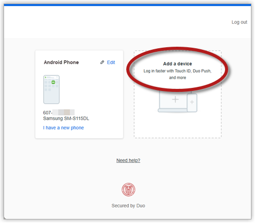 Duo device management showing current devices and Add a Device panel highlighted