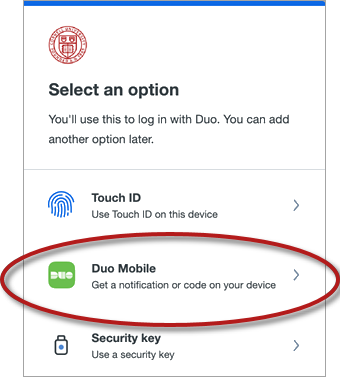 Duo Select an Option screen showing Touch ID, Duo Mobile, and Security Key options for setup, with Duo Mobile highlighted.