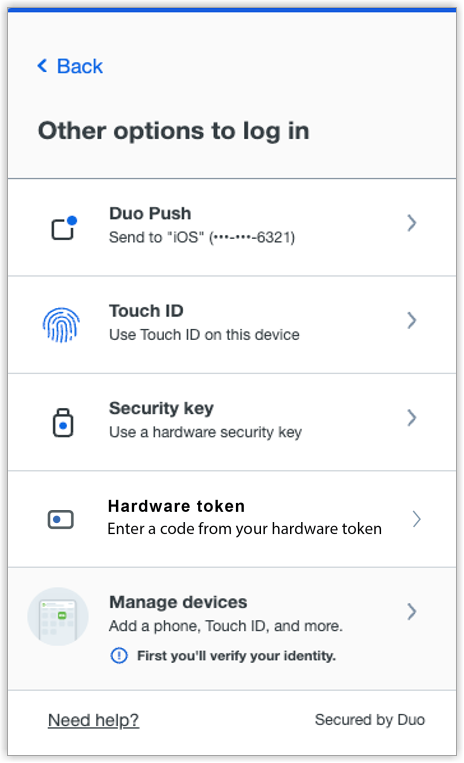 Duo login options for Cornell accounts as of Fall 2025 may include Duo Push, mac Touch ID, USB security key, and hardware tokens; the panel also provides a link to the Manage devices screen.