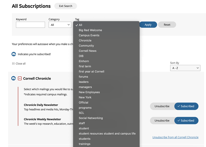 Preference Center interface showing All Subscriptions screen with Tag field selected, revealing a long dropdown list of key terms for searching Cornell subscription listings, and blue Apply button to select values chosen, or gray button to Reset