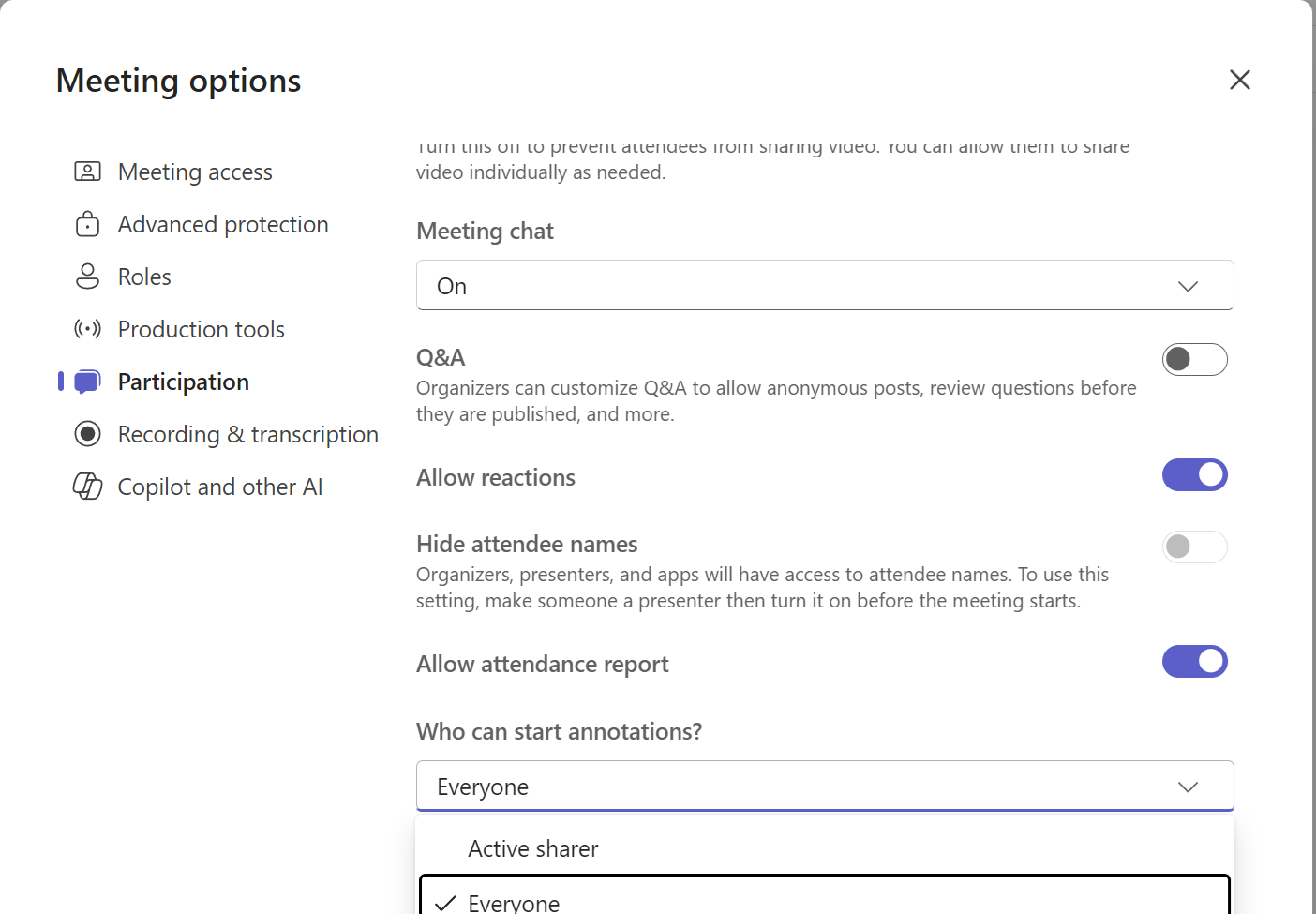 Screenshot of a Microsoft Teams setting for annotation requests
