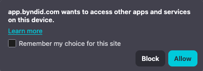 The prompt says app.byndid.com wants to access other apps and services on this device