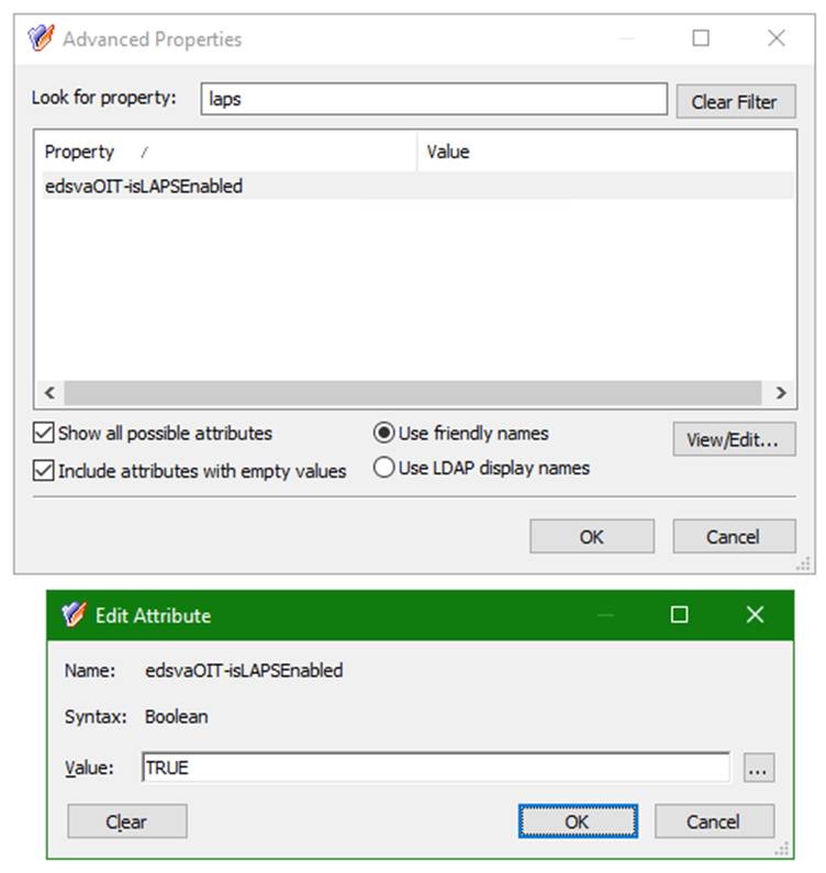 LAPS Advanced Properties and Edit Attribute windows.