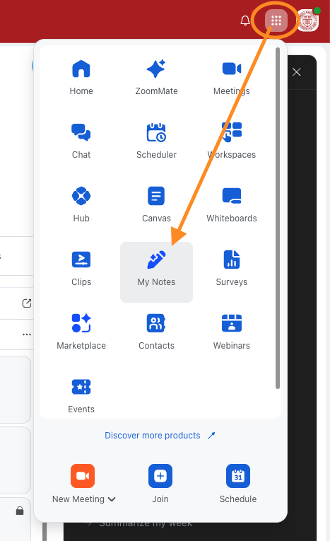 Use the nine-dot menu at the top right of the screen to pull up the tools array to find Notes