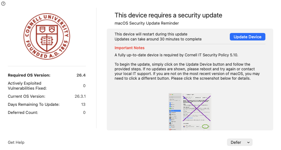 A Nudge window prompting the user to update from macOS 26.3.1 to 26.4