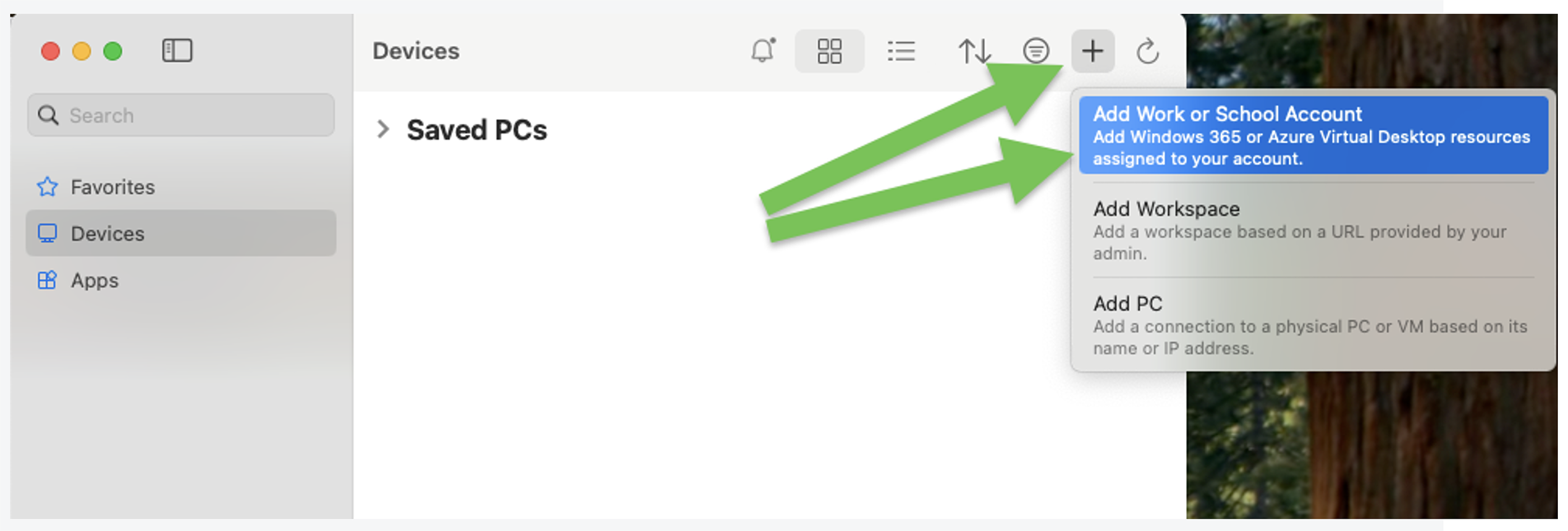 Screen showing plus sign giving options to add accounts or workspaces