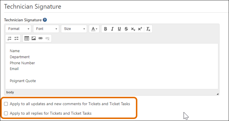 Highlighted Technician Signature options below Technician Signature field.
