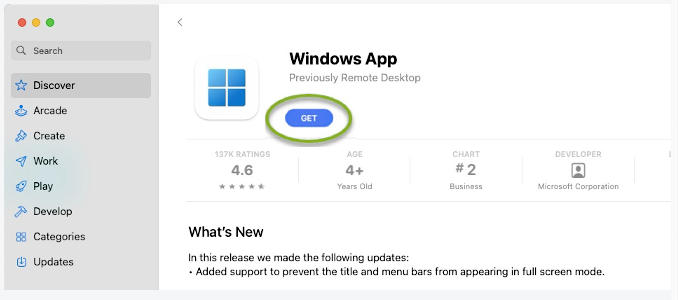 Windows App screen with button named Get circled