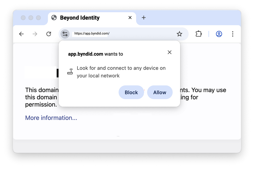 The prompt states: app.byndid.com wants to  Look for and connect to any device on your local network 