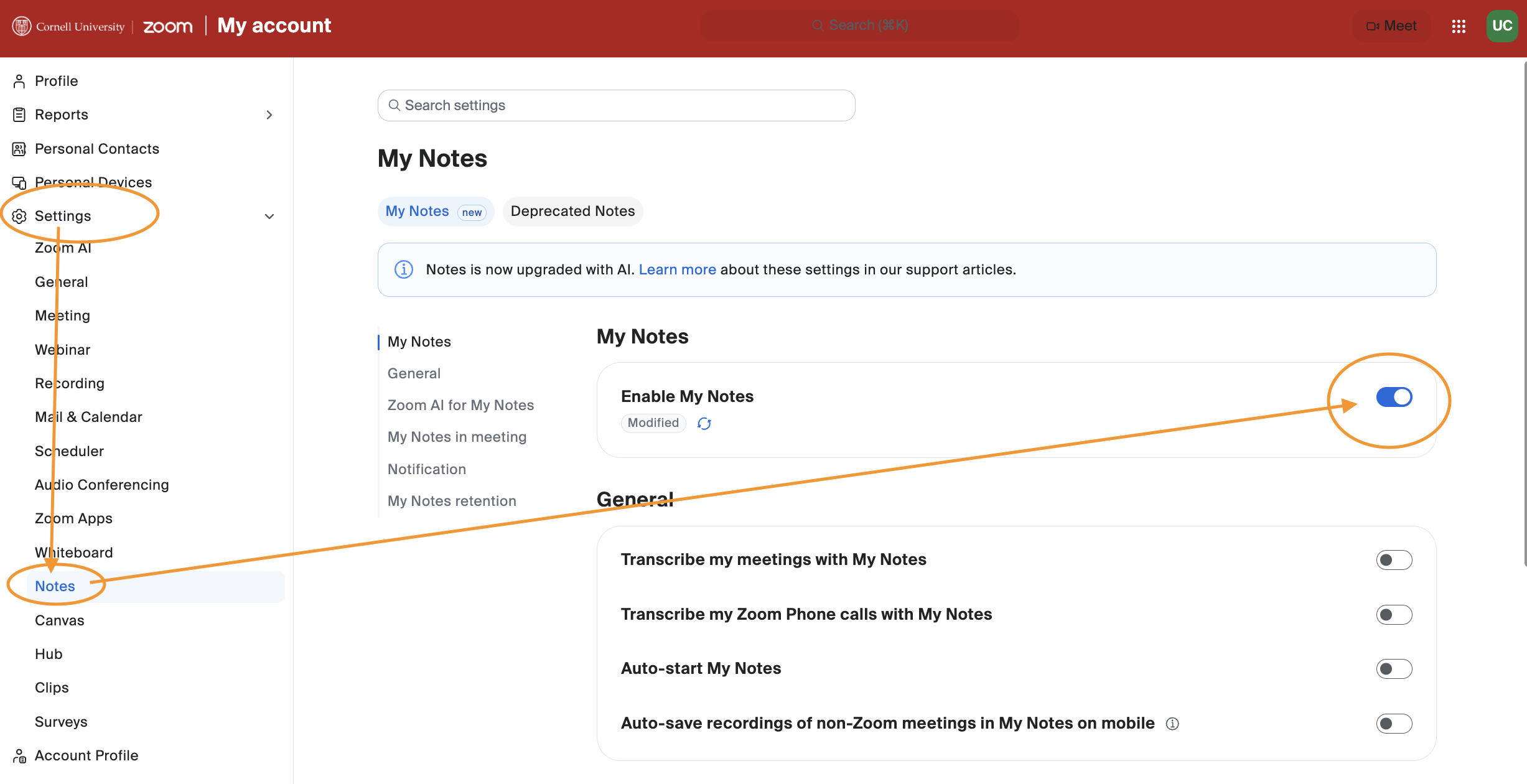 image of My Notes is the settings page on cornell.zoom.us