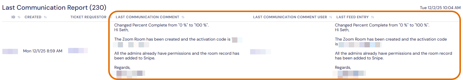 TDX report showing last communication fields included.