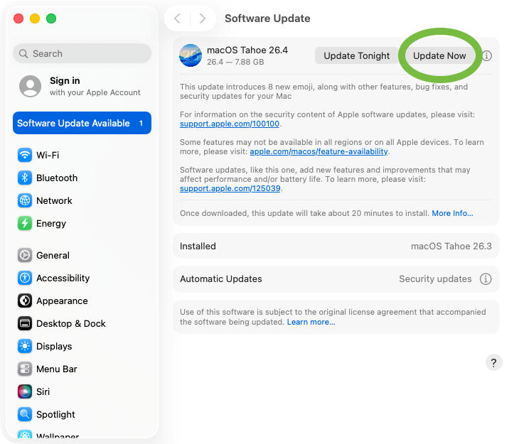 A screenshot of macOS Software Update showing an Update Now button for macOS 26.4 circled in green.