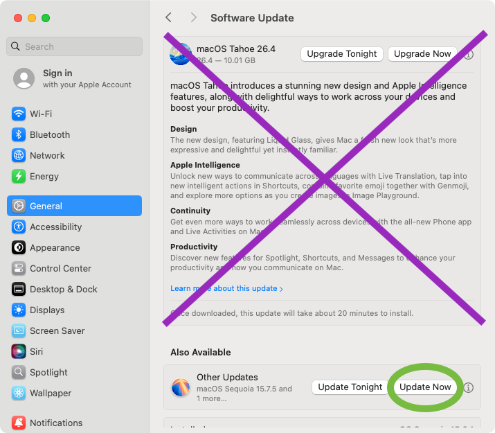 A screenshot of macOS Software Update with an Upgrade Now section covered in a purple X and an Also Available section with an Update Now button circled in green.