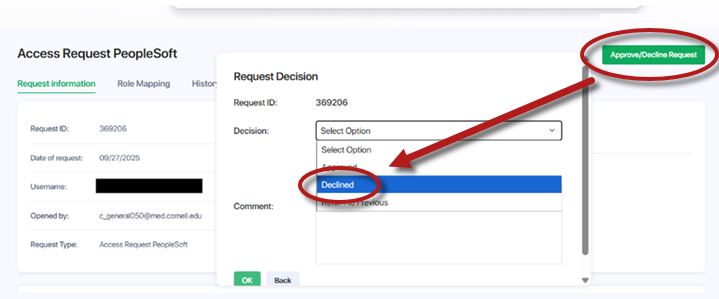 Access Request screen highlighting Approve / Decline Request button at top right and Decision dropdown with Declined selected