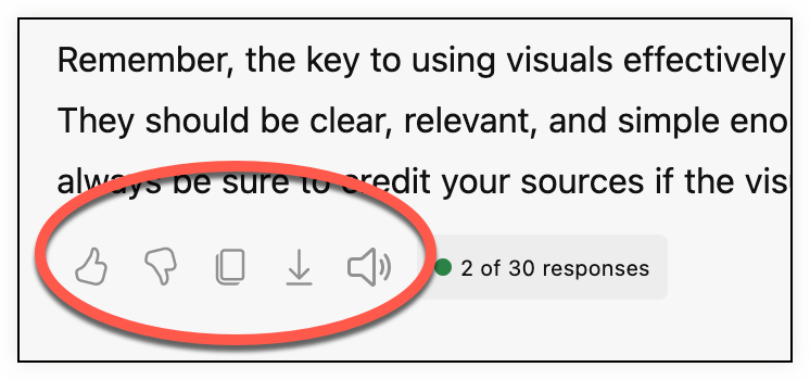 The icons show thumb up, thumb down, paper, down arrow and volume icons