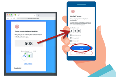Illustration of Duo login browser prompt providing a three digit code for user's mobile device.