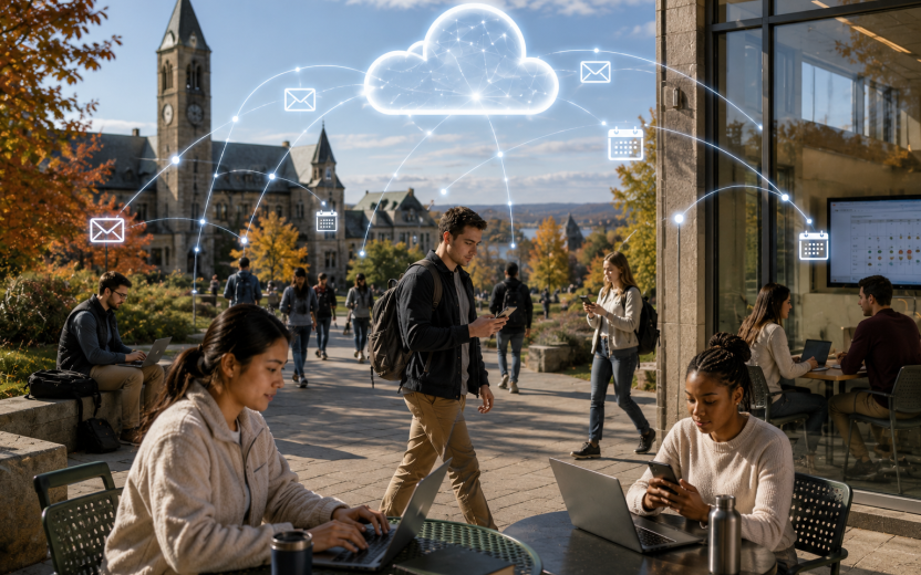 AI generated image of students and staff connecting to email and calendar apps on different devices