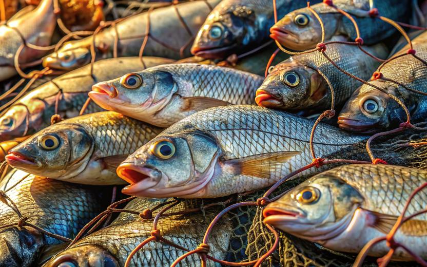 multiple fish caught in a net