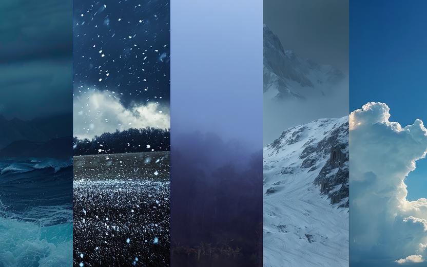 a collage of weather images including fog, hail, and clear skies